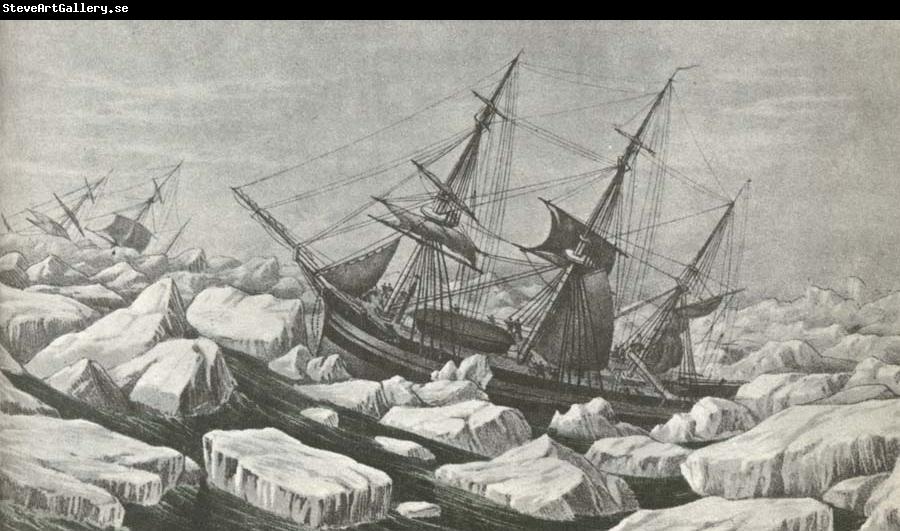 unknow artist Erebus and Terror am riding out a tempest in packisen wonder Ross second travel 1842 to Antarctic Continent